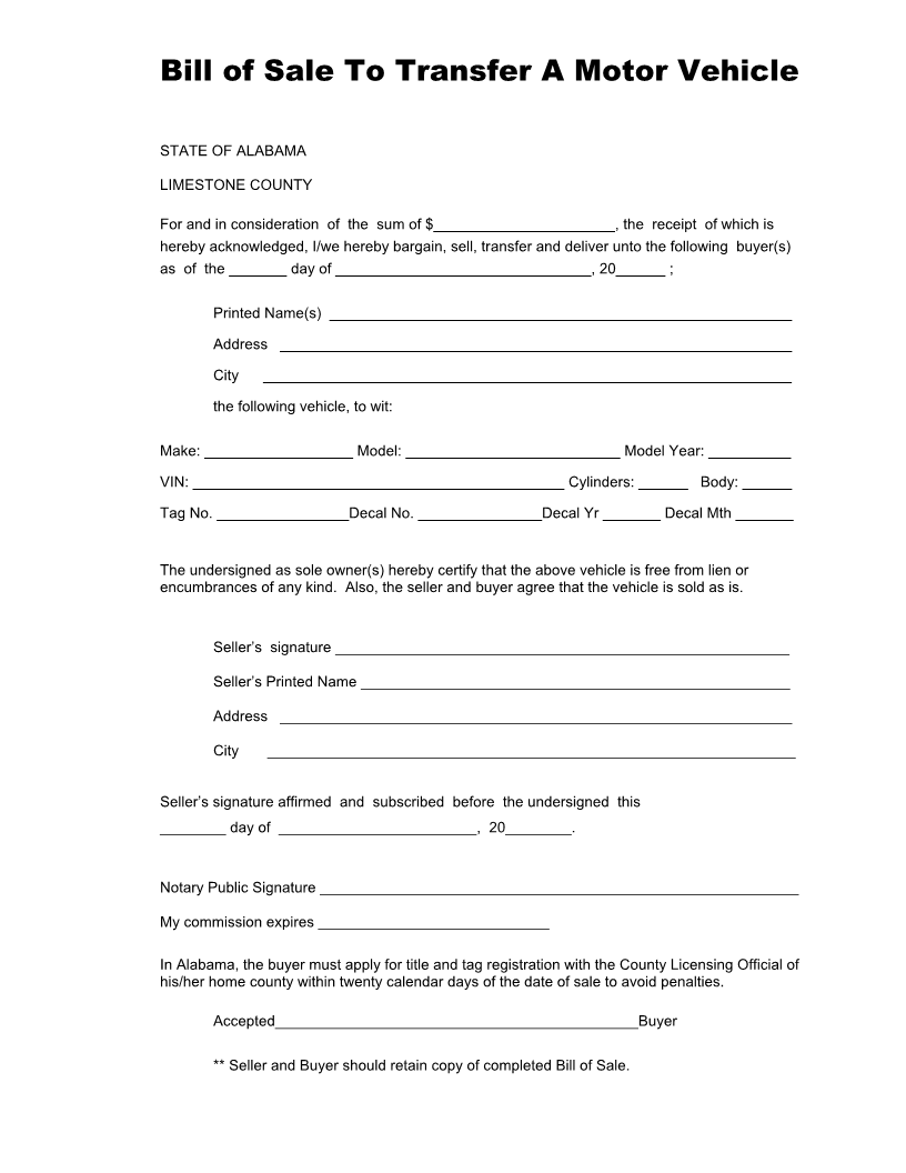 Free Alabama Vehicle Bill of Sale Form for Limestone Download PDF Word