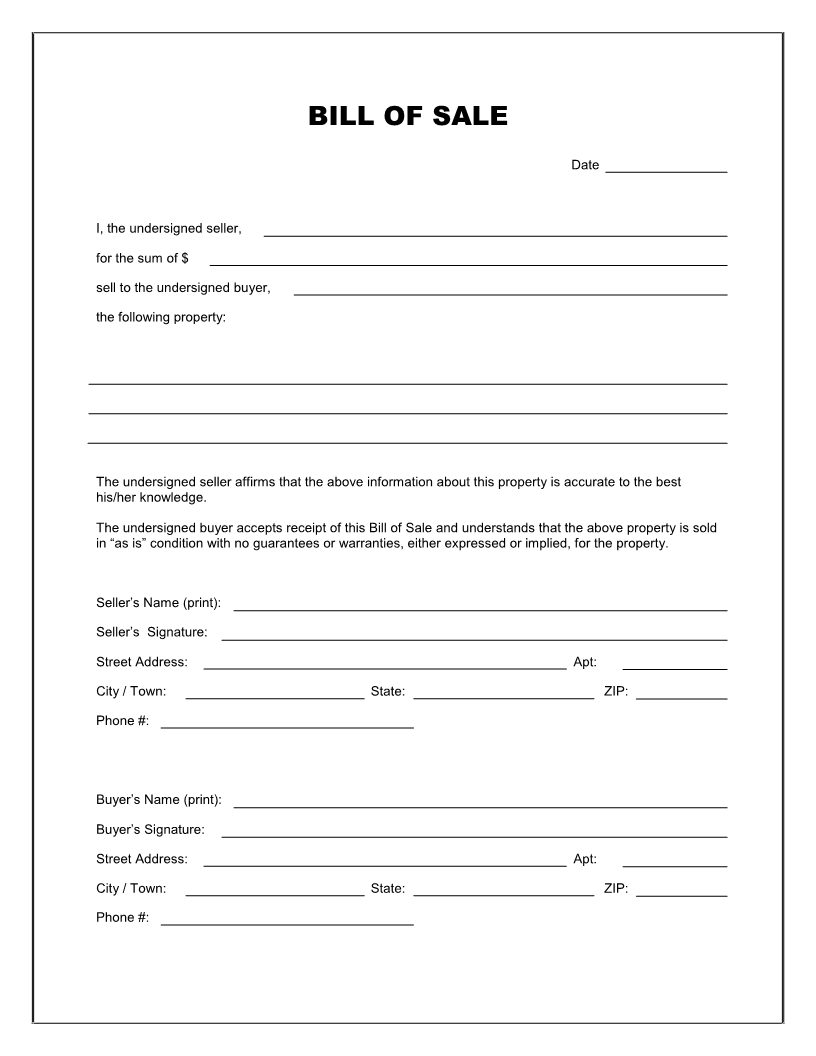 Free Blank Bill Of Sale Form Download PDF Word