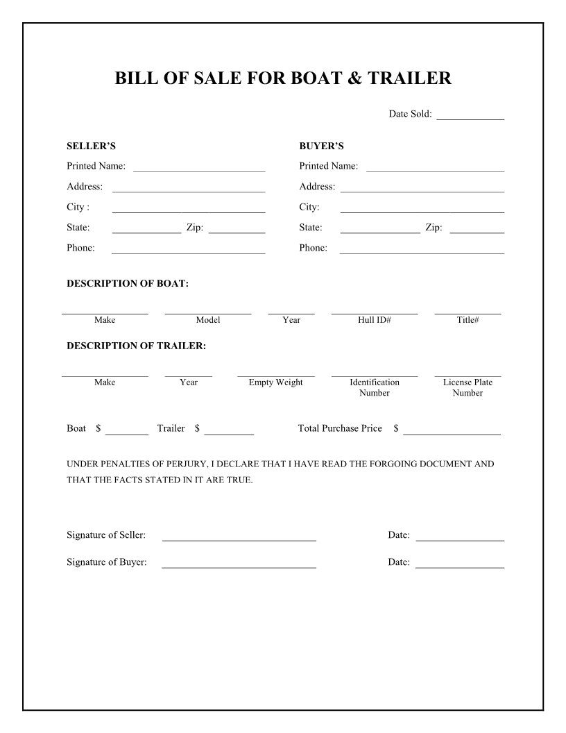 Free Boat And Trailer Bill Of Sale Form Download Pdf Word