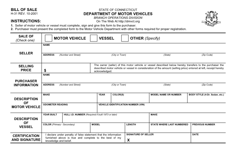 Free Connecticut Vehicle Bill of Sale Form - Download PDF | Word