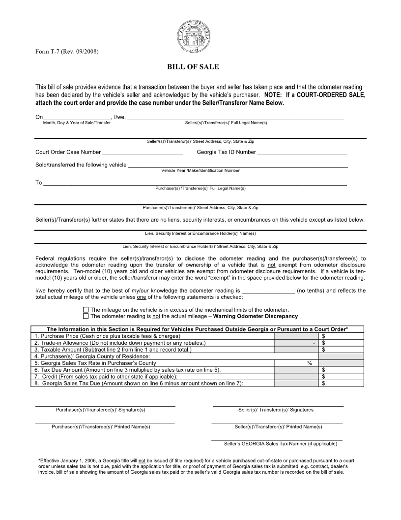 Free Georgia Vehicle Bill of Sale Form Download PDF Word