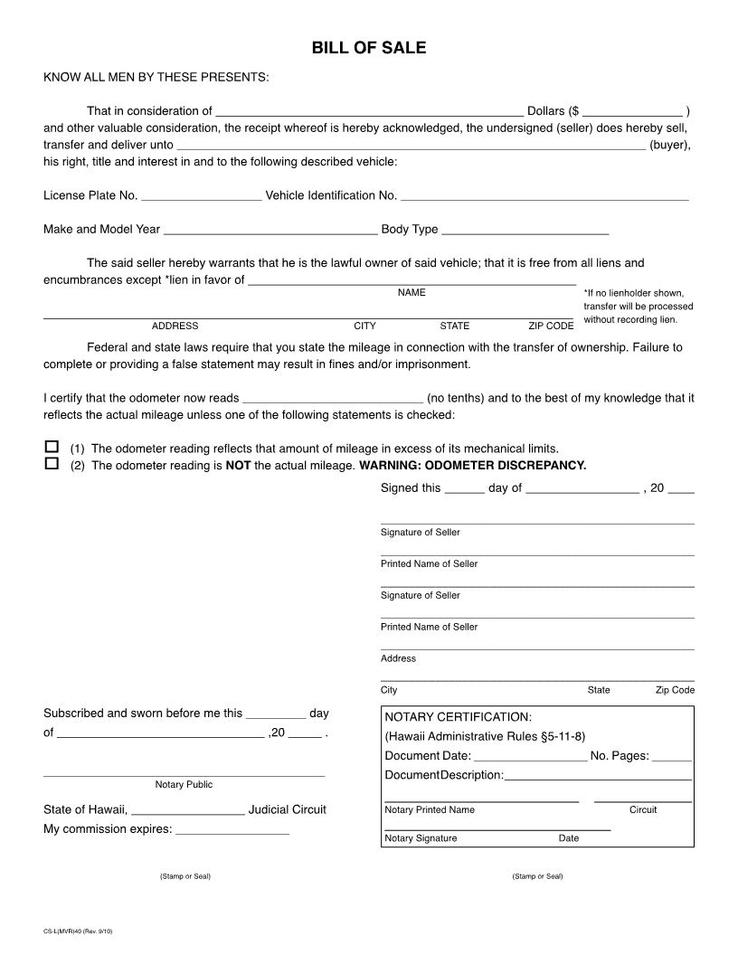 Free Bill Of Sale Template Form