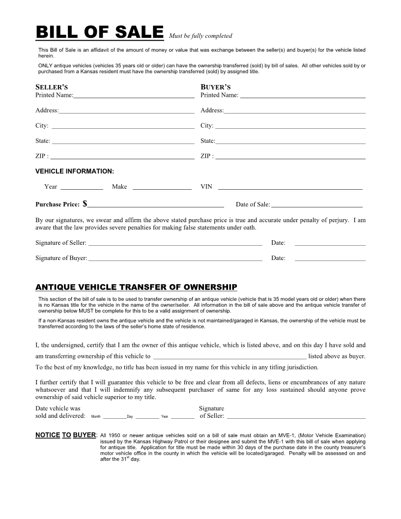 Free Kansas Vehicle Bill Of Sale Form Download PDF Word