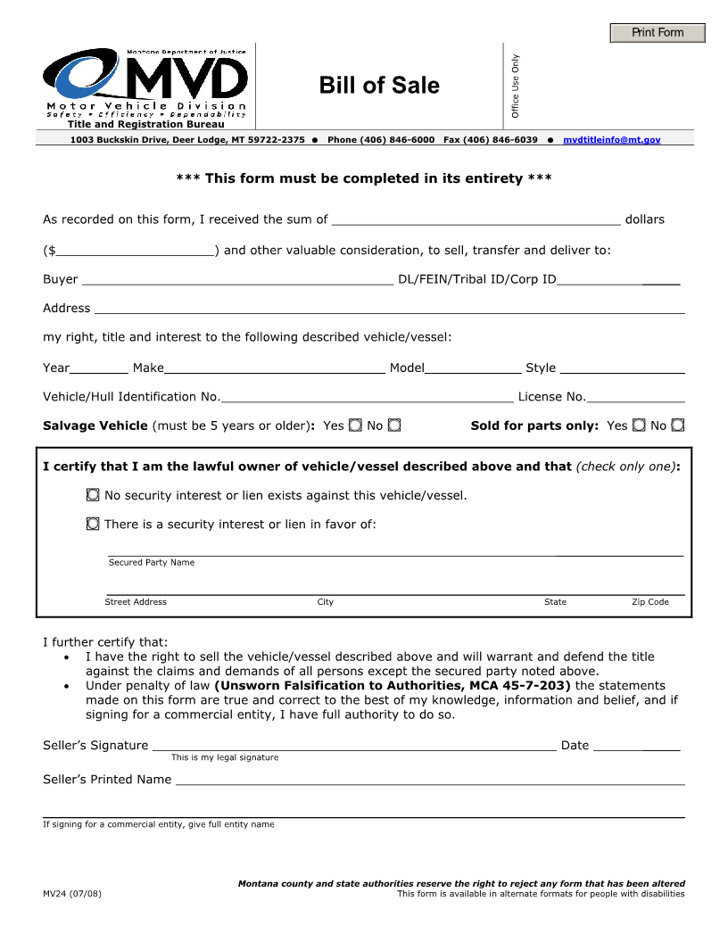 Free Montana Vehicle Bill of Sale Form Download PDF Word