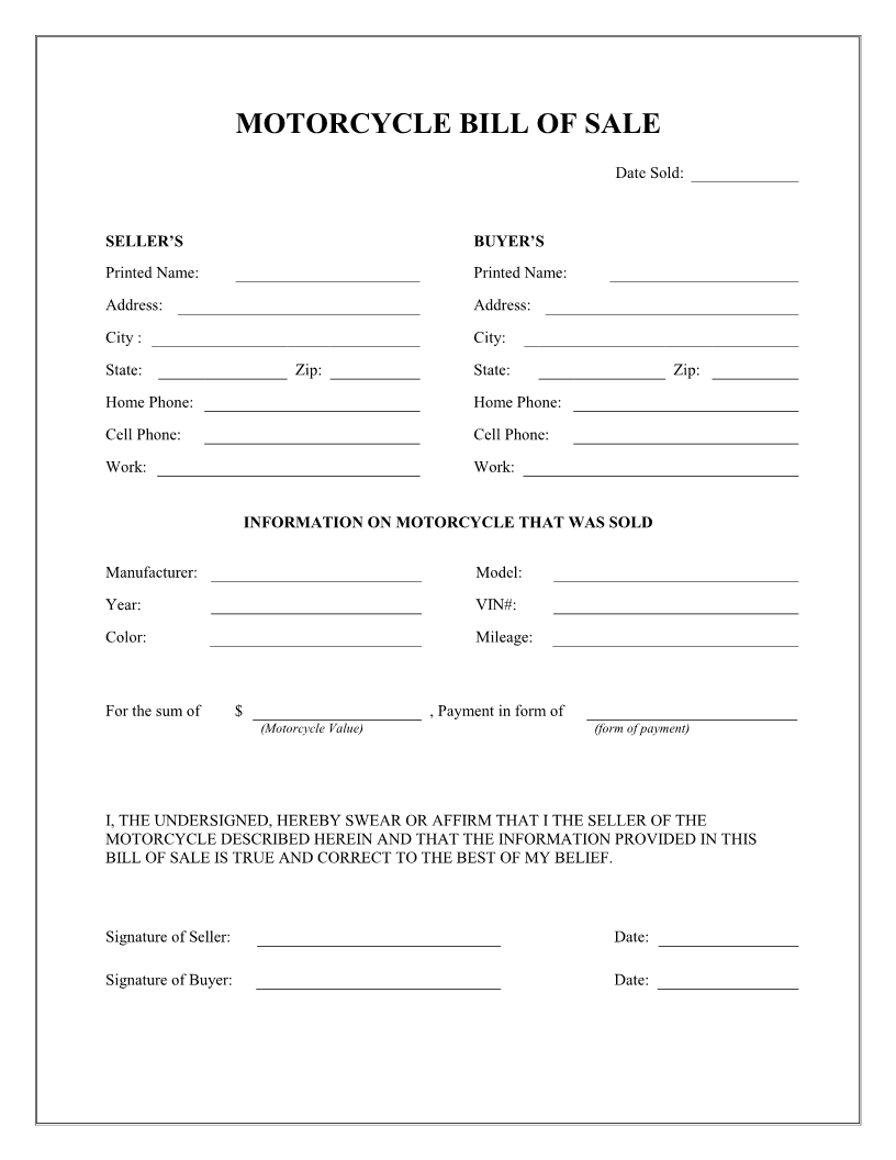 Bill Of Sale Motorcycle Free Printable Documents