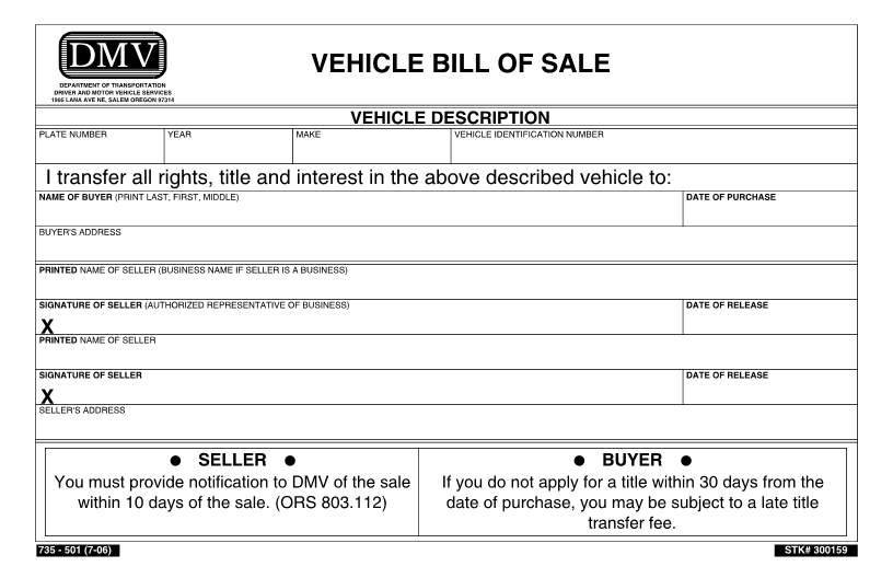 oregon dmv bill of sale notification