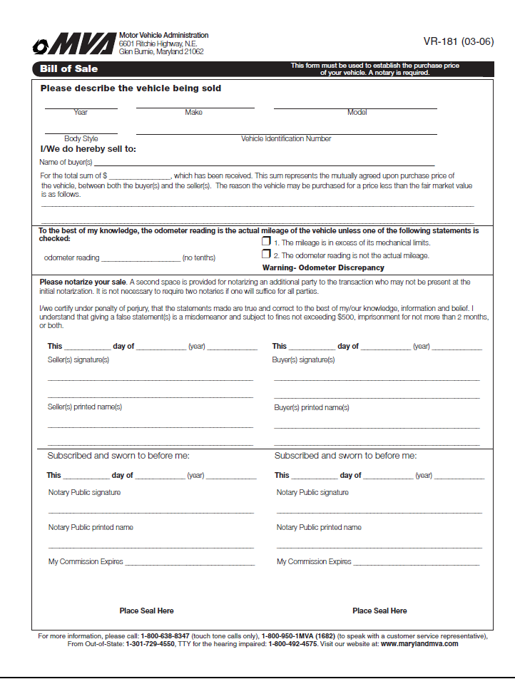 Free Maryland Motor Vehicle Bill of Sale Form Download PDF Word