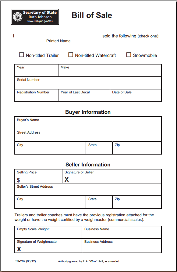 Free Michigan Bill of Sale Form Download PDF Word