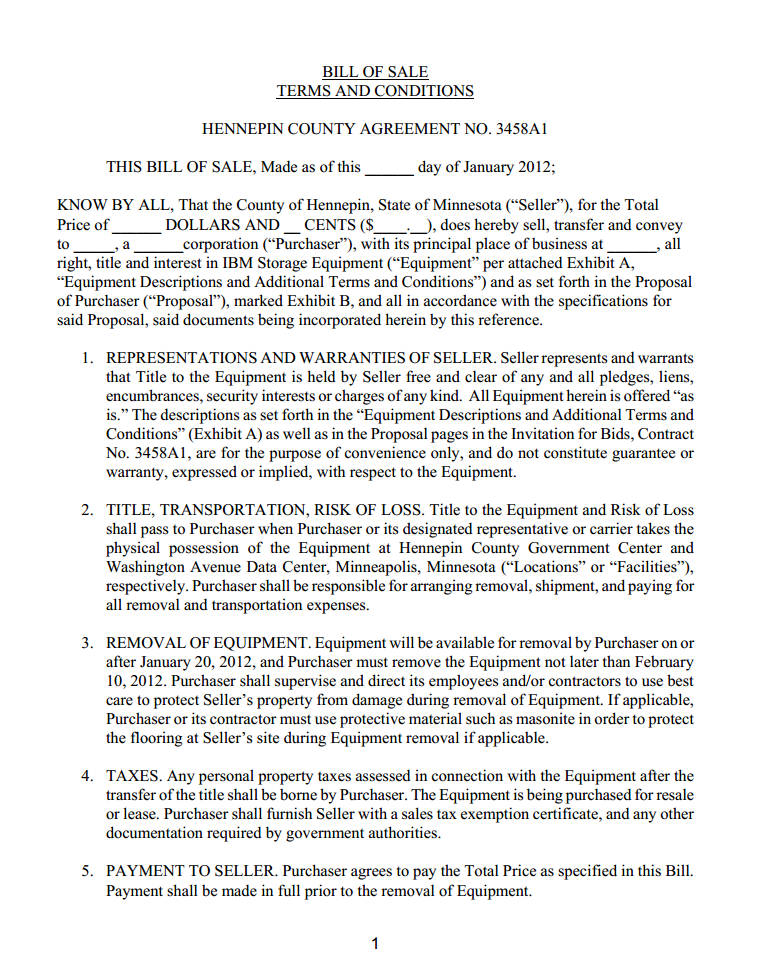 Minnesota ibm storage equipment bill of sale form