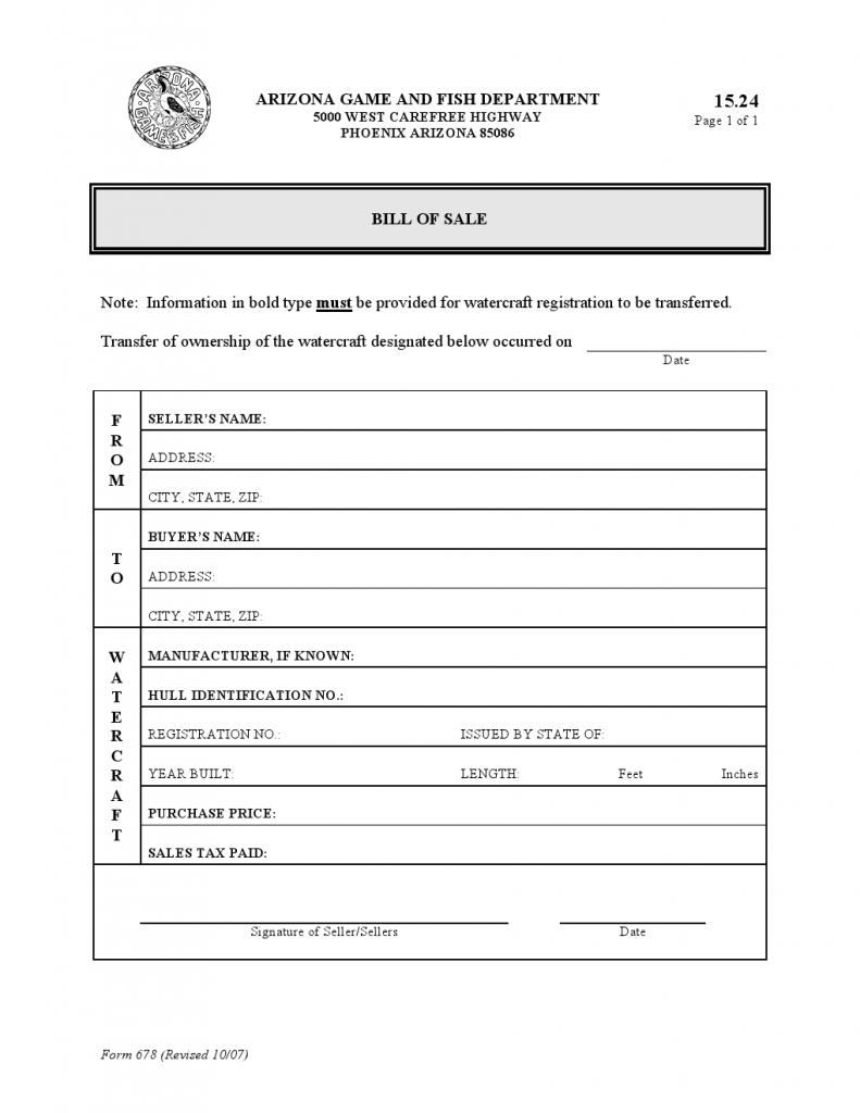Free Arizona Watercraft Bill of Sale Form - Download PDF | Word