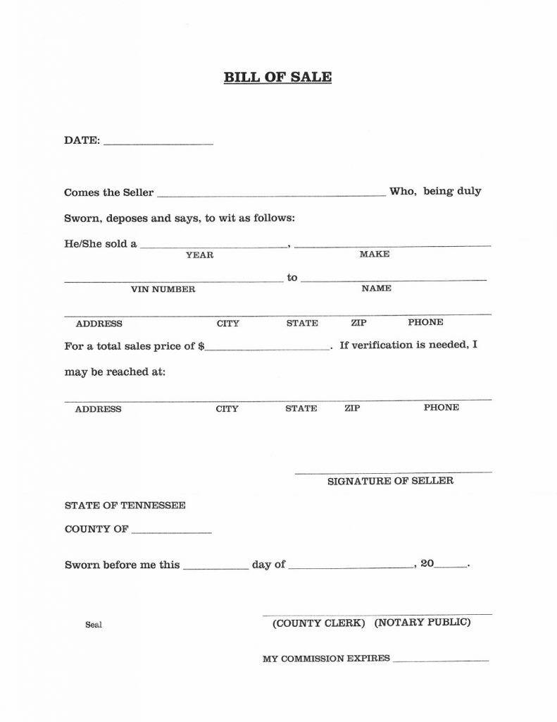 Tennessee Car Bill Of Sale Form Free