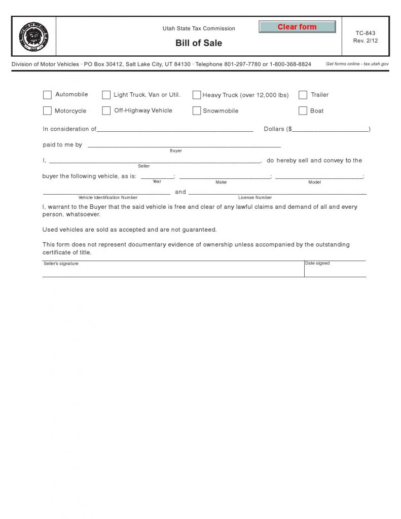 Free Utah Vehicle Bill of Sale Form TC843 Download PDF Word