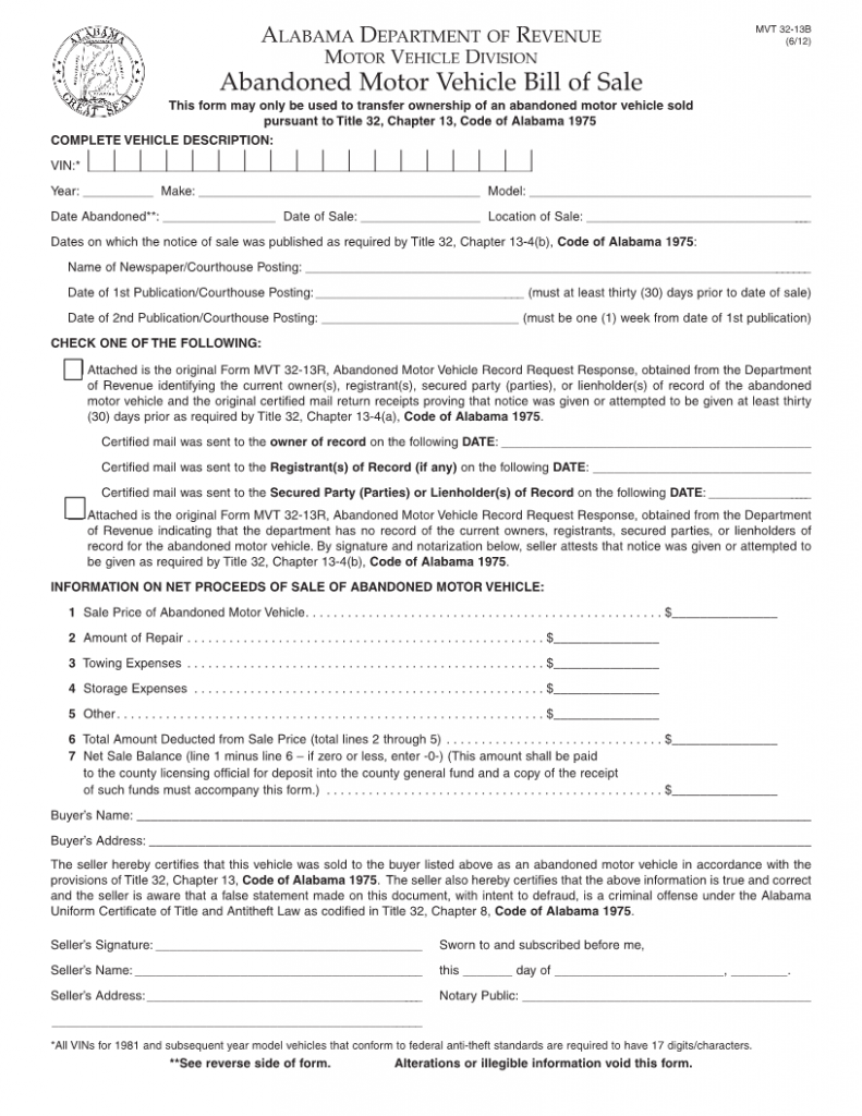 Free Alabama Vehicle Bill of Sale Form Download PDF Word