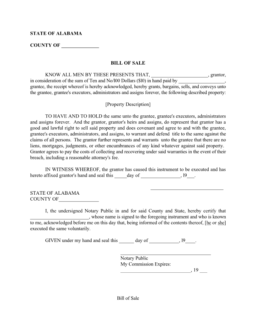 Free Alabama Bill of Sale Form Download PDF Word