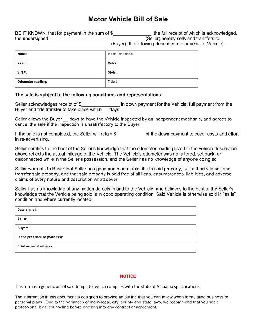 Free Alabama Vehicle Bill of Sale Form Download PDF Word