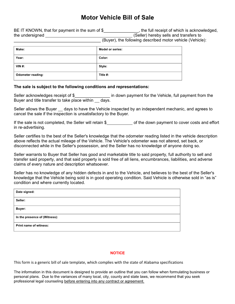 Free Alabama Vehicle Bill Of Sale Form Download PDF Word