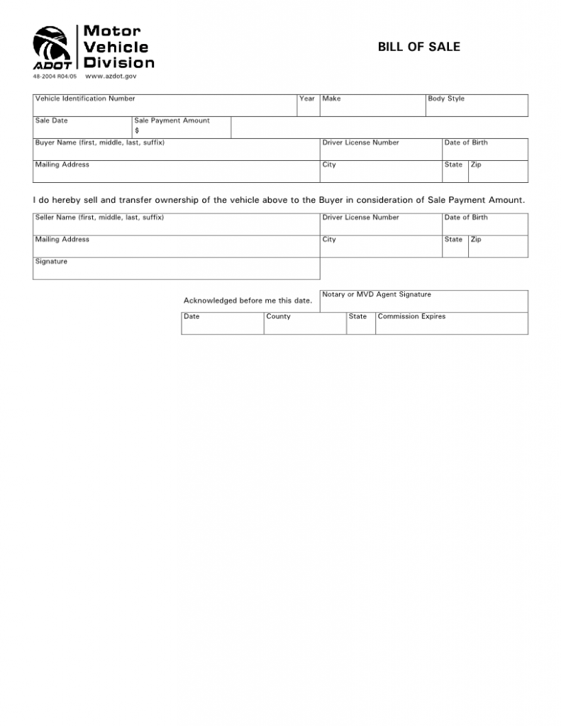 Free Arizona Vehicle Bill of Sale Form Download PDF Word