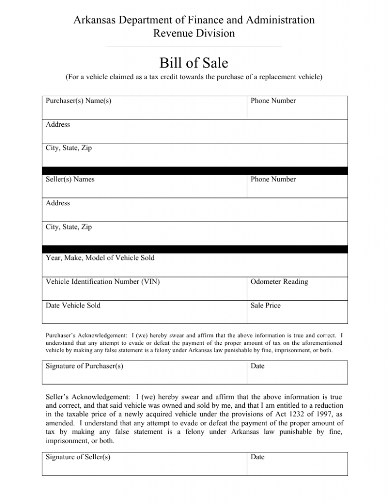 free arkansas tax credit vehicle bill of sale form download pdf word