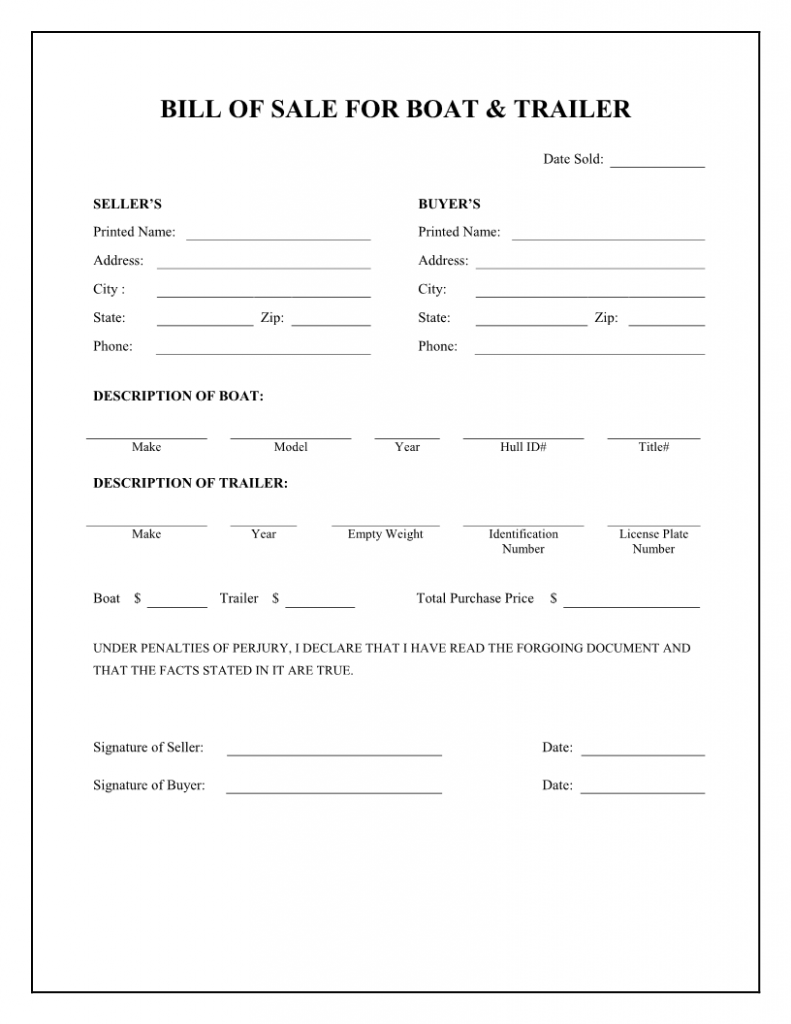 Free Boat Trailer Bill Of Sale Form Download PDF Word