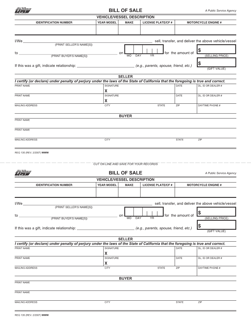 free bill of sale template for car california