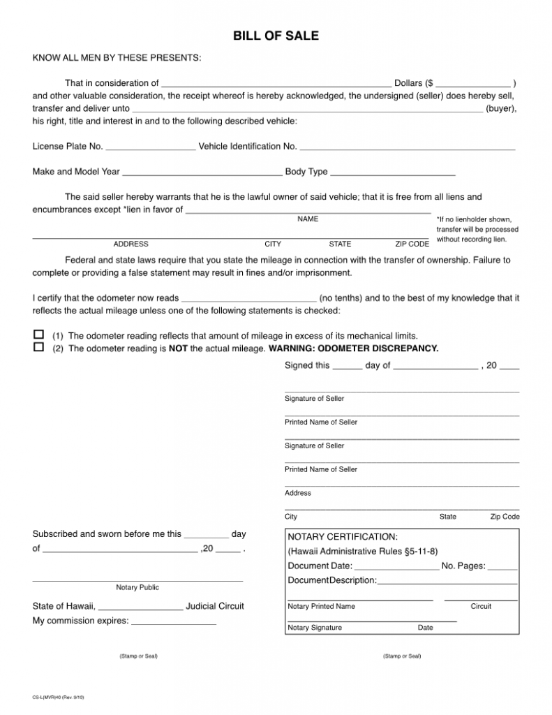 Free Hawaii Vehicle Bill of Sale Form - Download PDF | Word