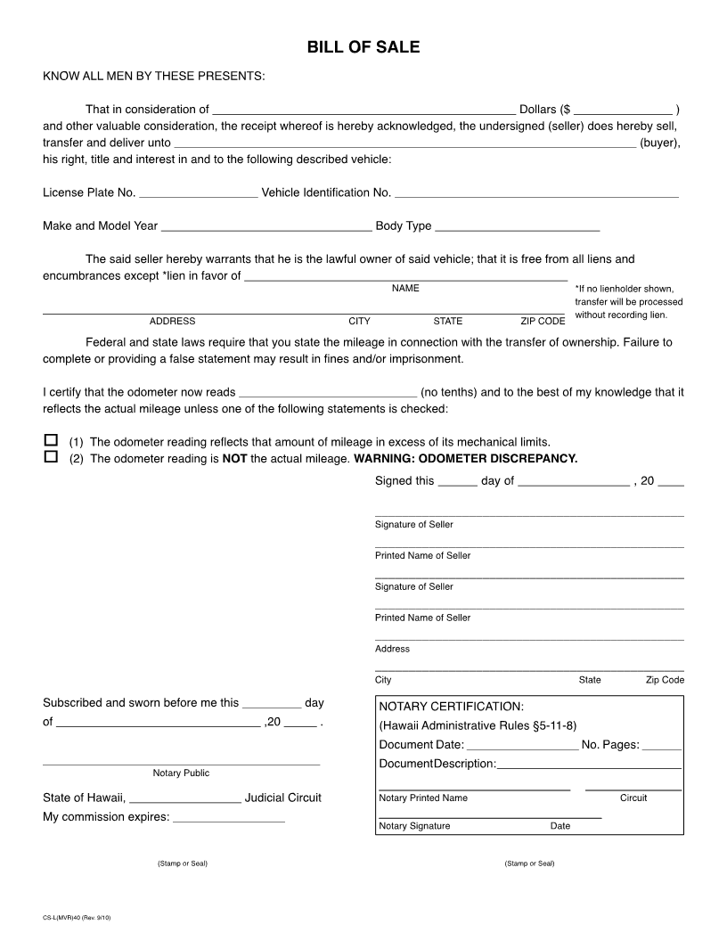 free printable vehicle bill of sale template with notary