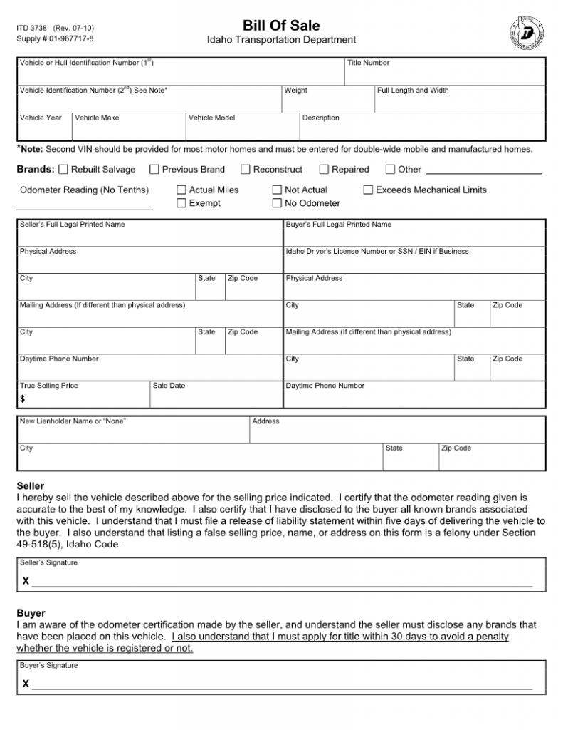 Free Idaho Vehicle Bill of Sale Form - Download PDF | Word