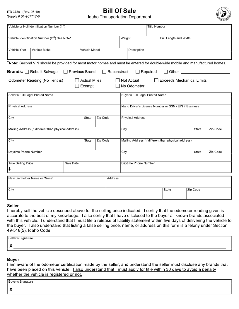 Printable Example Of Vehicle Bill Of Sale