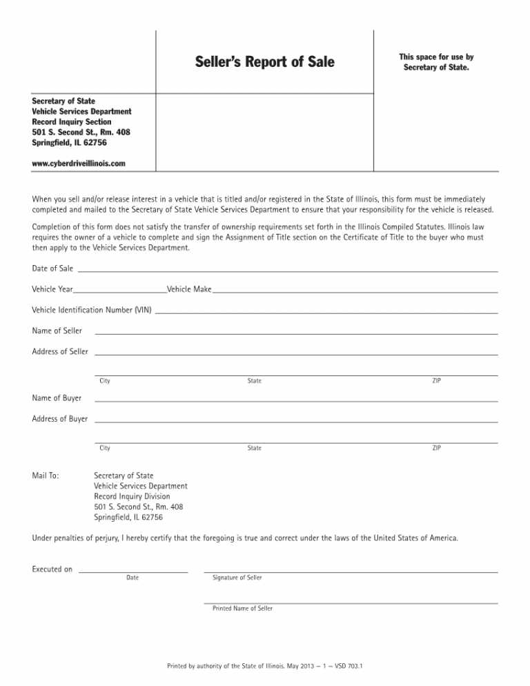Free Illinois Vehicle Sellers Report of Sale Form Download PDF Word