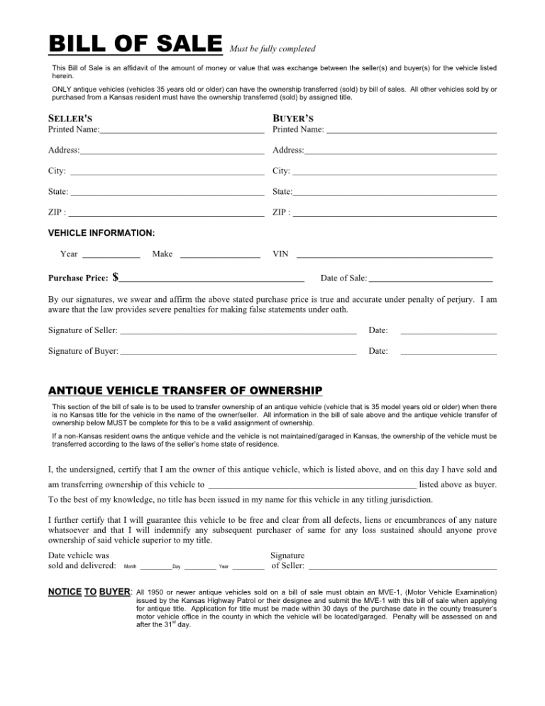 Free Kansas Vehicle Bill of Sale Form Download PDF Word