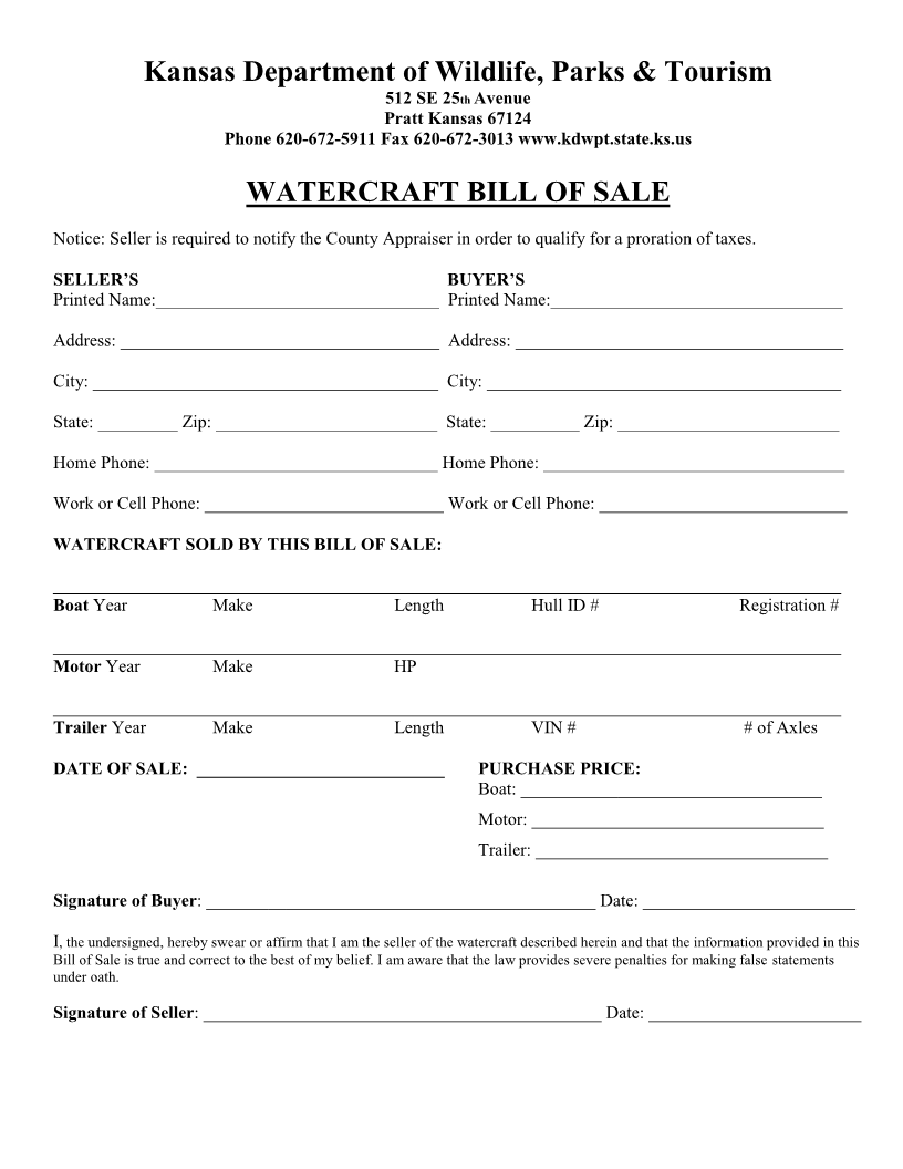 Free Kansas Watercraft or Boat Bill of Sale Form Download PDF Word