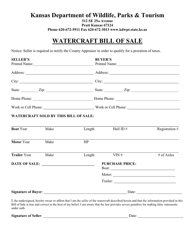 free kansas watercraft or boat bill of sale form