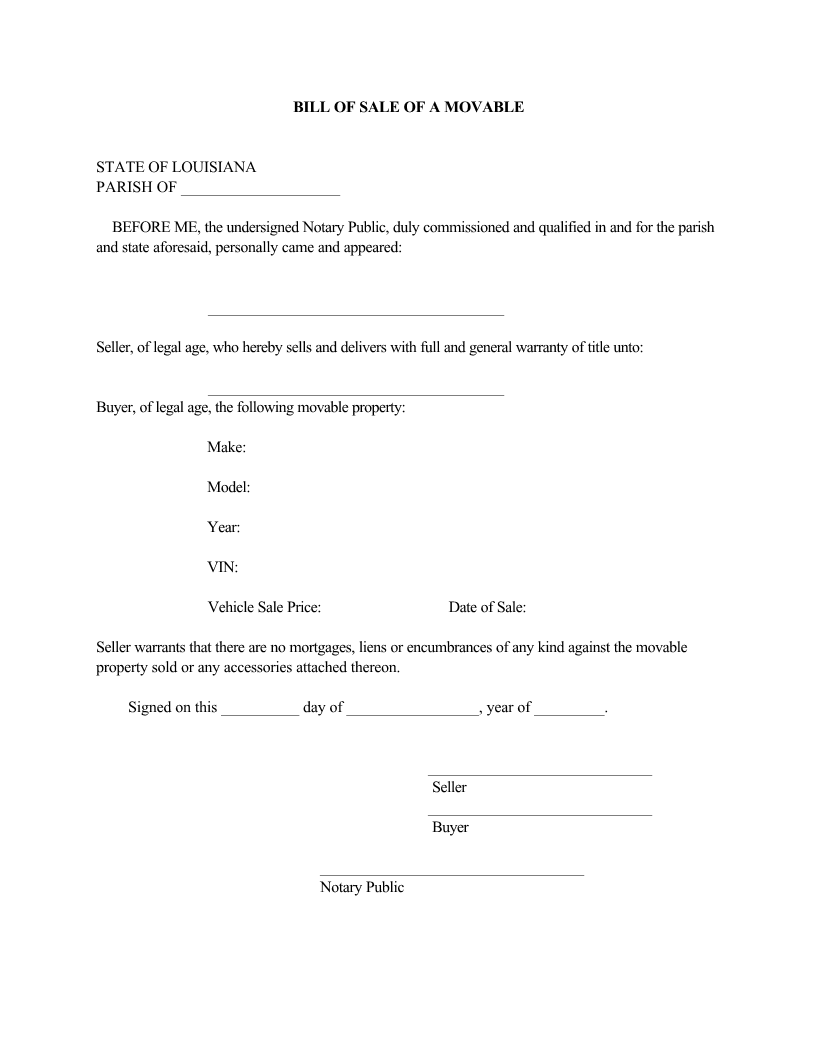 Free Louisiana Movable Bill of Sale Form - Download PDF | Word