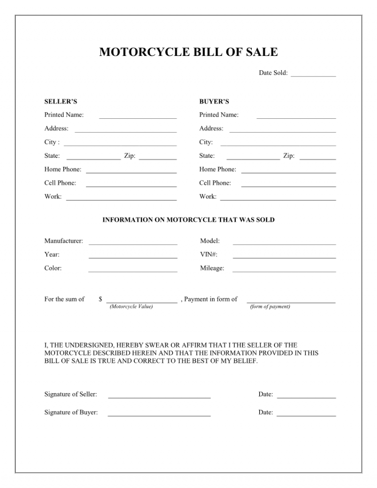 Free Motorcycle Bill Of Sale Form Download PDF Word