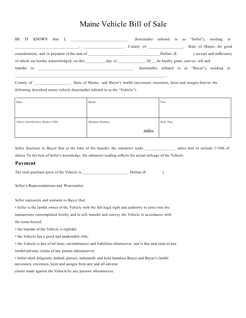 Bill Of Sale For Car Maine Example