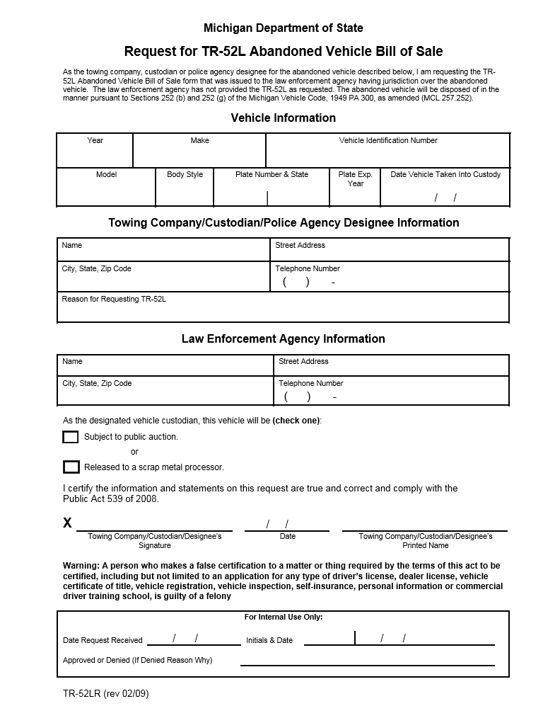 Free Michigan Abandoned Vehicle Bill of Sale Form Download PDF Word