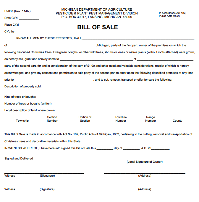 Michigan Plant Bill of Sale Form