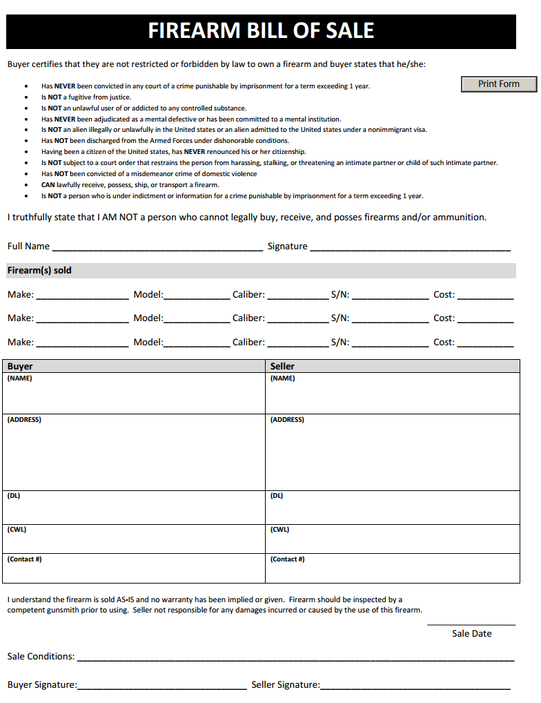 Firearm Bill Of Sale Free Printable