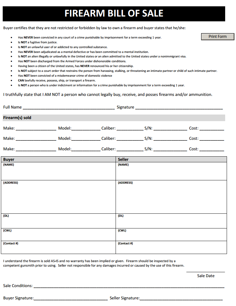 Free Firearm Bill Of Sale Form Download PDF Word
