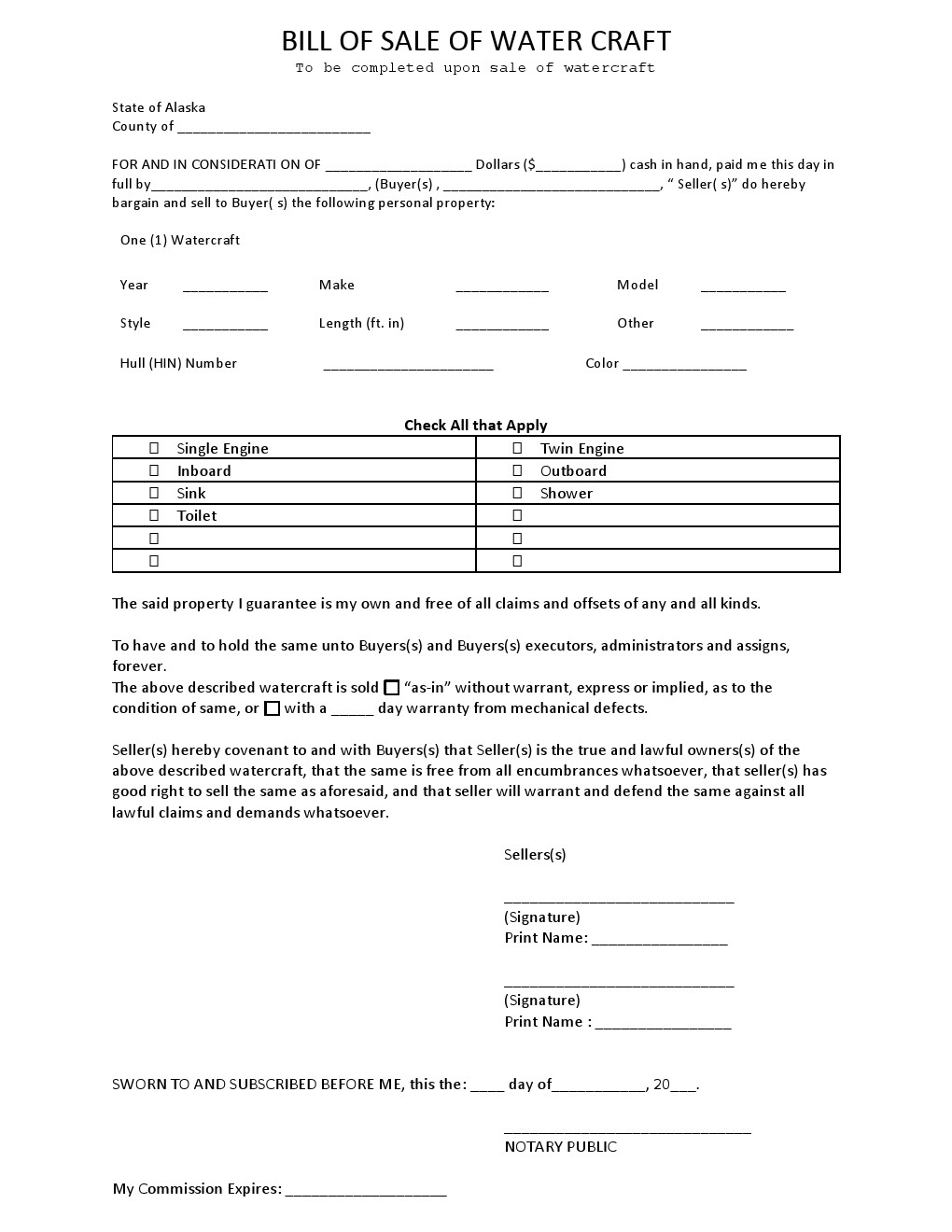 Free Alaska Watercraft Bill of Sale Form Download PDF Word