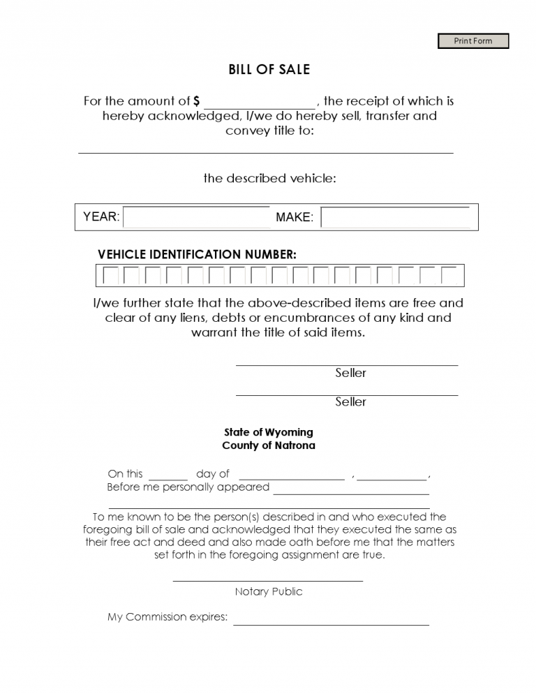 Free Wyoming Bill of Sale Forms - Download PDF | Word