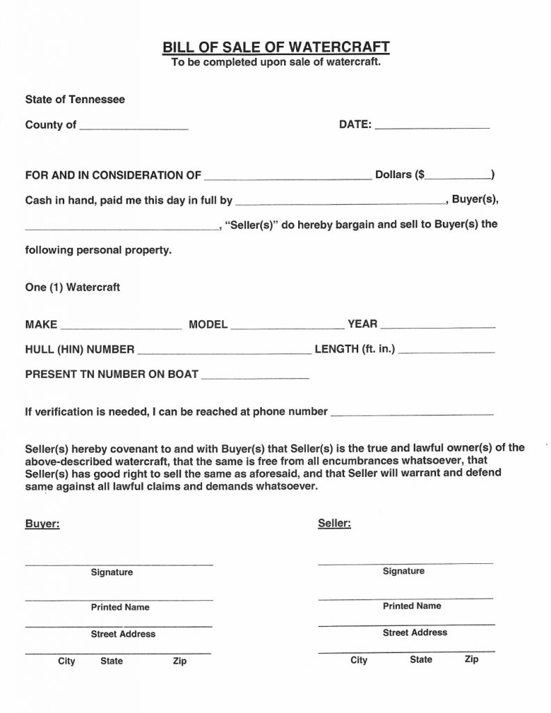 free tennessee watercraft bill of sale form - download pdf