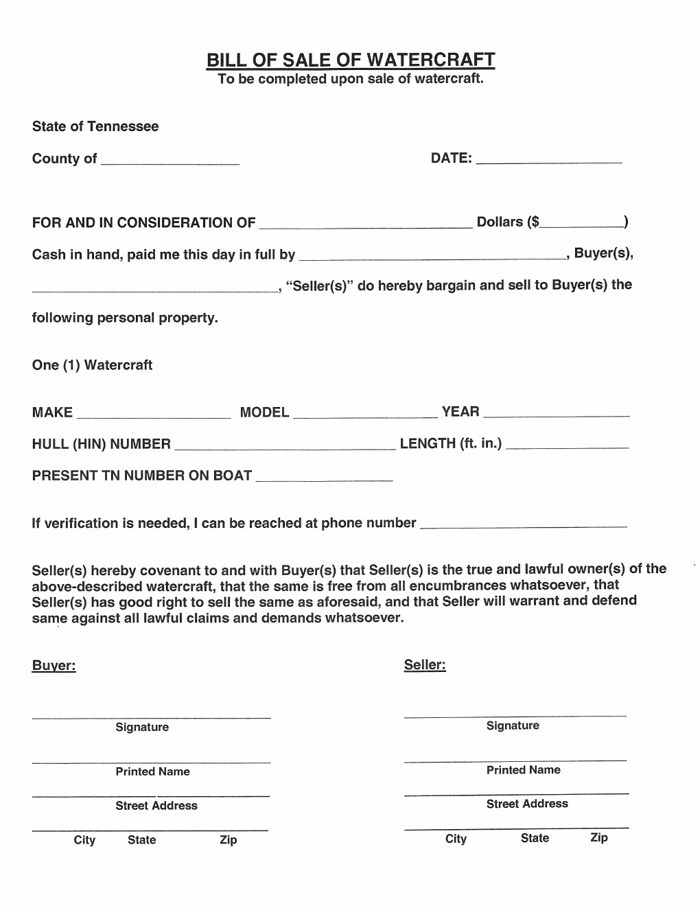 Free Tennessee Watercraft Bill Of Sale Form Download PDF Word