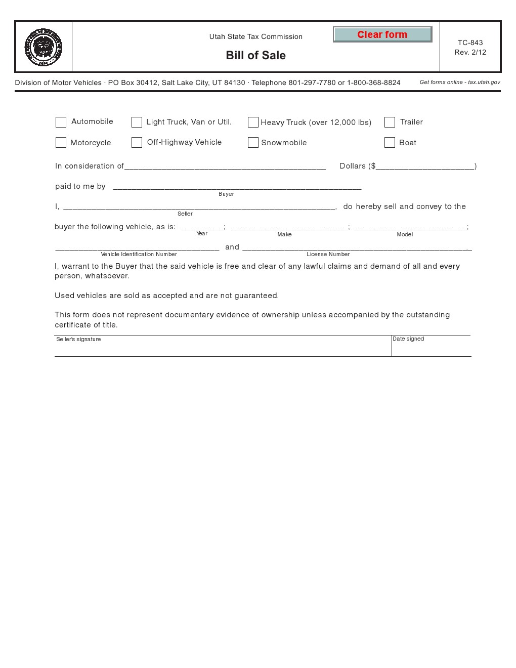 Free Utah Vehicle Bill Of Sale Form TC 843 Download PDF Word