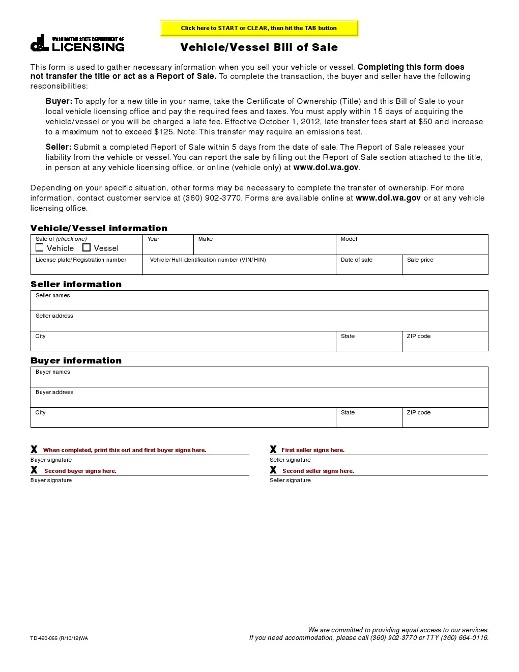 vehicle bill of sale washington form